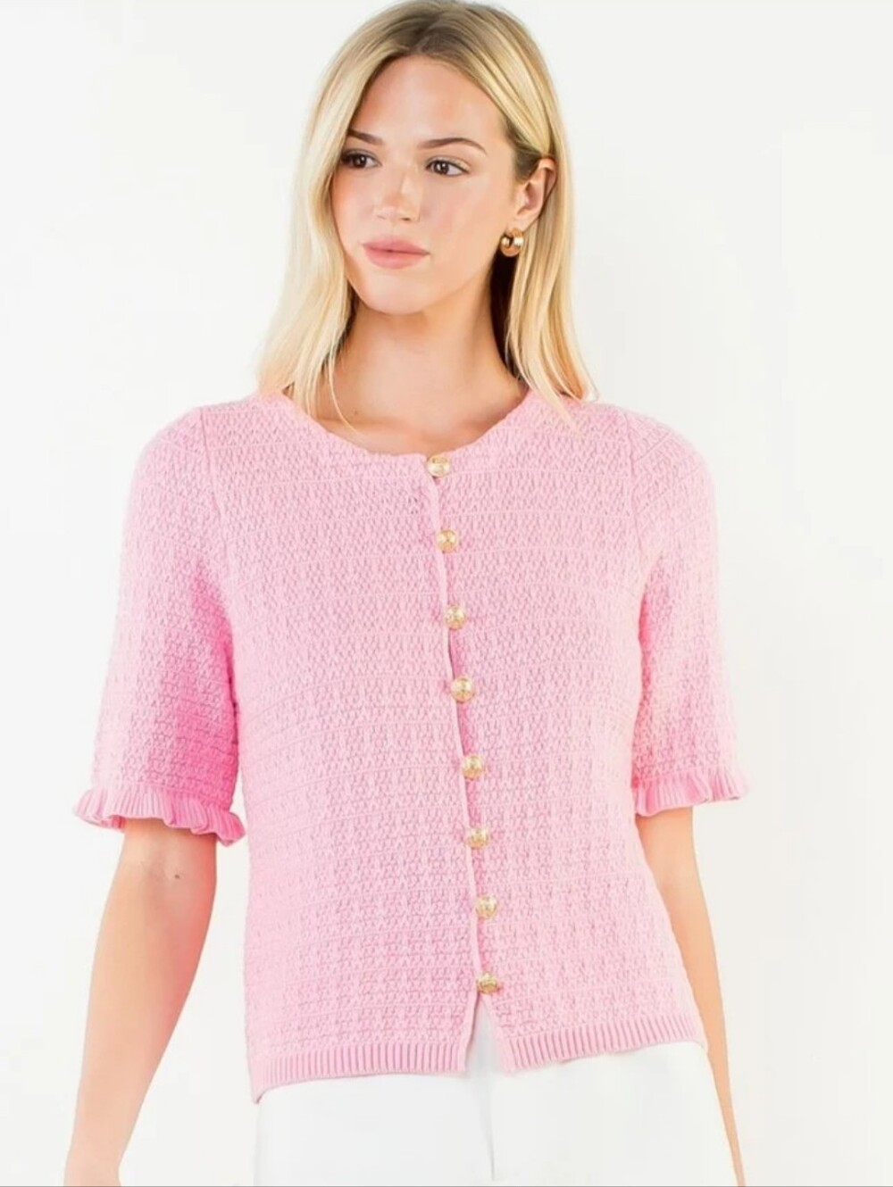 THML Pink Short-Sleeve Ruffle-Trim Knit Cardigan